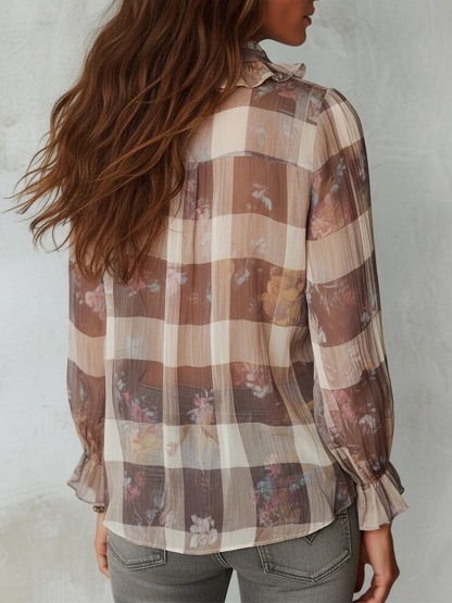Women's Plaid Print V-neck Long-sleeve Casual Loose Chiffon Top
