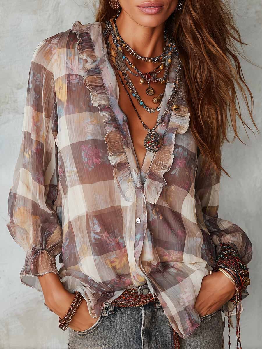 Women's Plaid Print V-neck Long-sleeve Casual Loose Chiffon Top