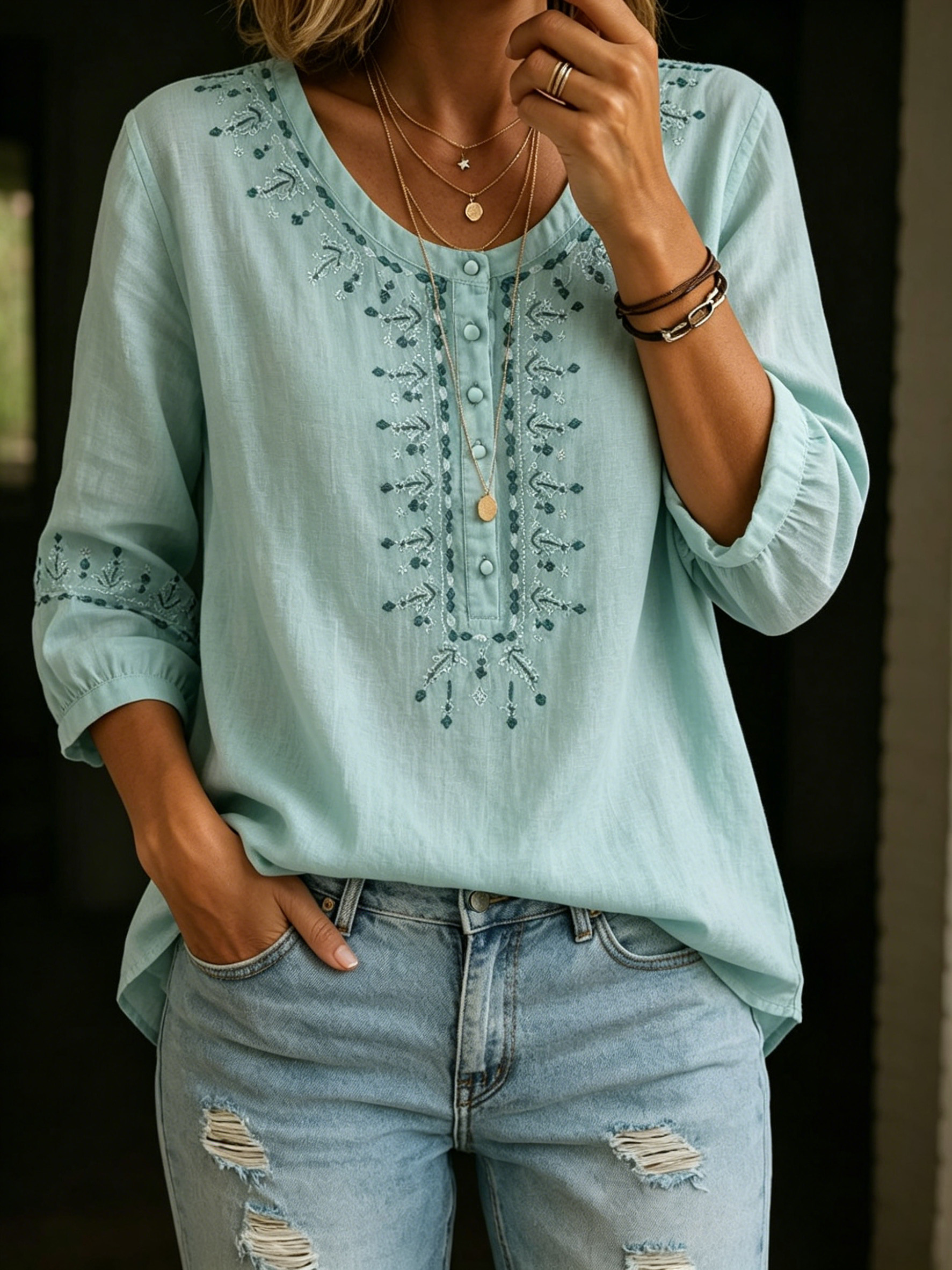Lightweight Cotton Linen Pullover Blouse Oversized Fit