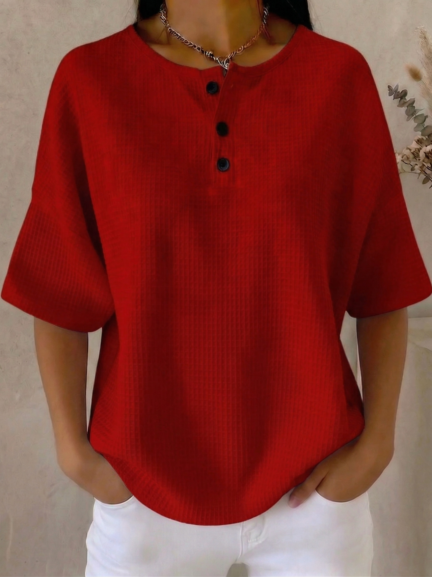 New Arrivals🔥Women's Casual Waffle Henry Collar 4/3 Sleeves T-shirt