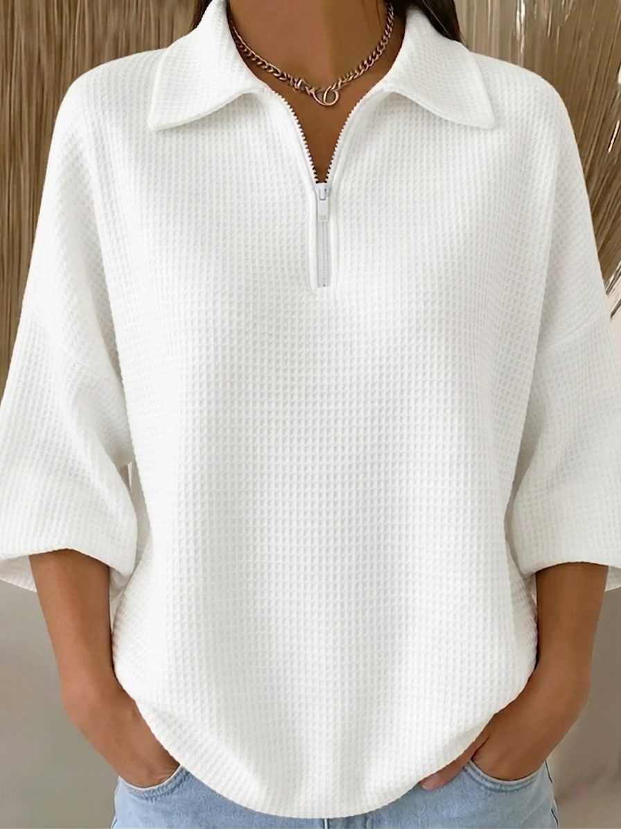 New Arrivals🔥 Women's Casual Polo Zipper 4/3 Sleeves Waffle-knit T-shirt