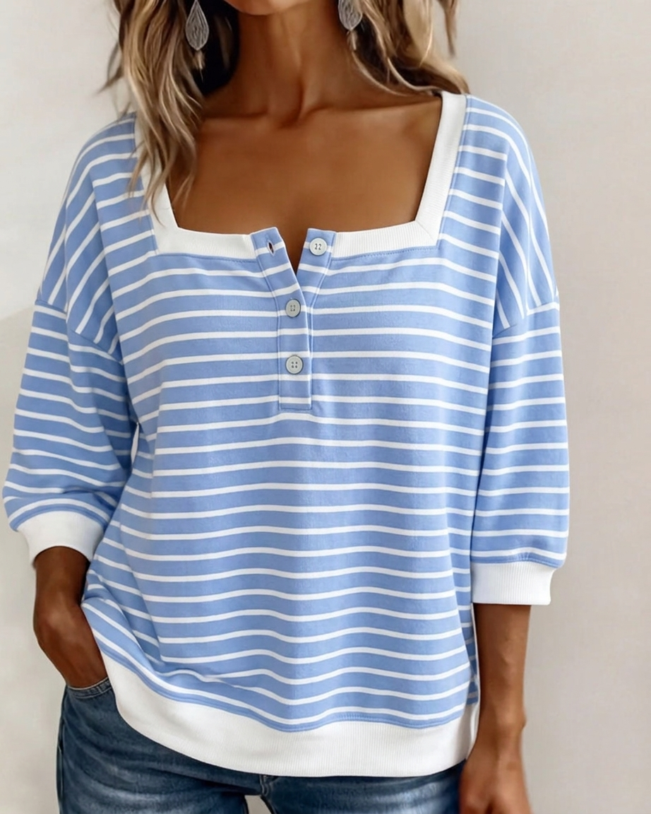Womens Striped Square Neck Three Quarter Sleeve Henley Top