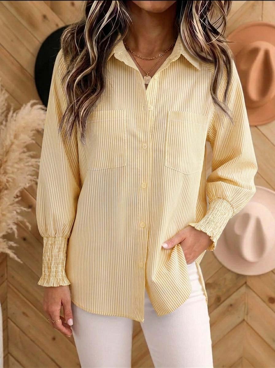 Women's Vertical Striped Button Down Shirt - Long Sleeve Collared Blouse with Smocked Cuffs, Casual Loose Fit Top