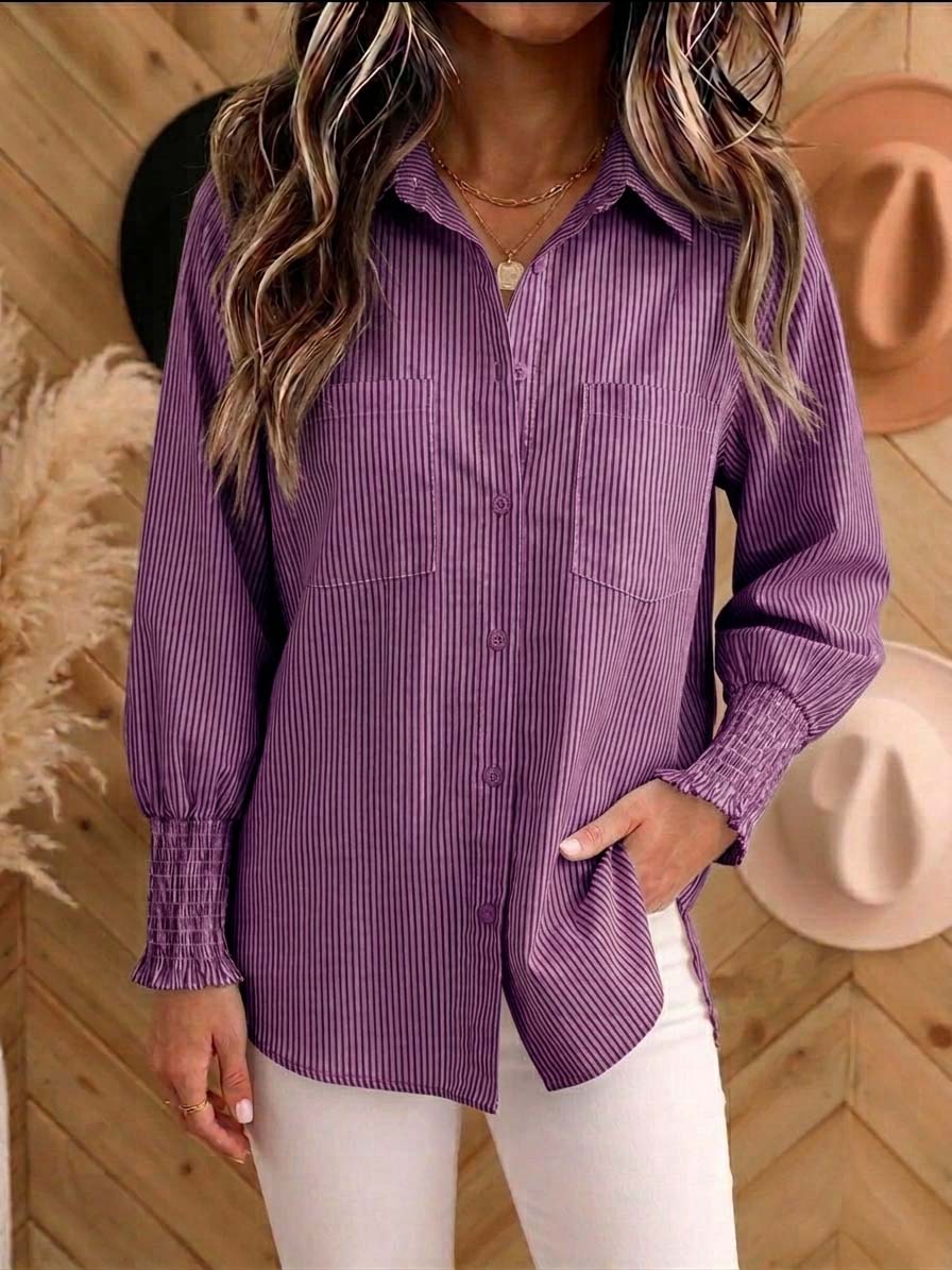 Women's Vertical Striped Button Down Shirt - Long Sleeve Collared Blouse with Smocked Cuffs, Casual Loose Fit Top