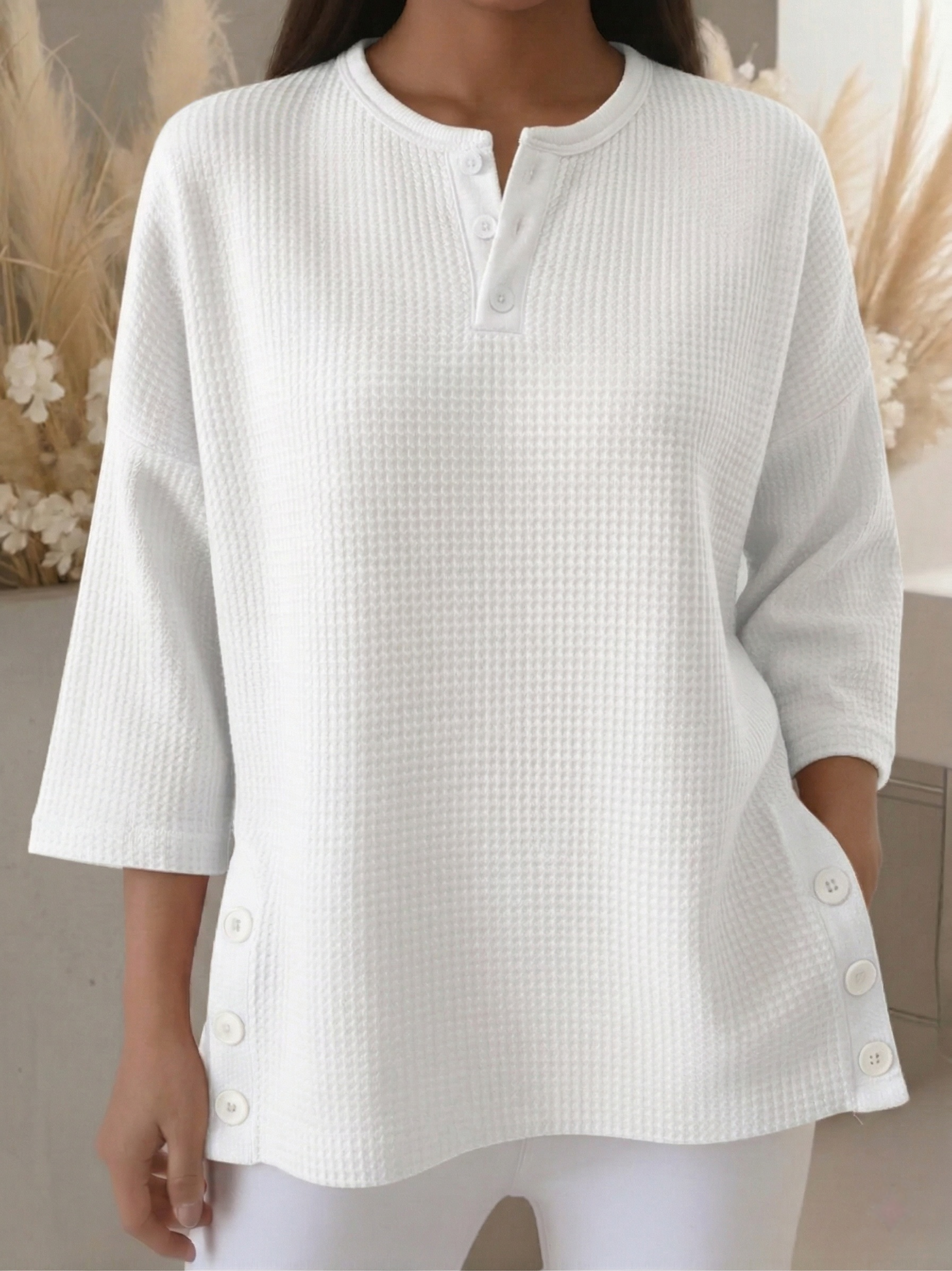 New Arrivals🔥 Women's Casual V-neck 4/3 Sleeves Casual Button-up Waffle Pullover Top