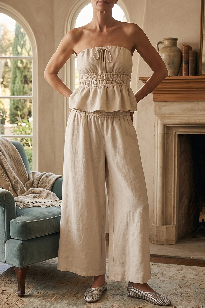 New Arrivals🔥Two Piece Linen Set Breezy Strapless Top Wide Leg Pull On Pants