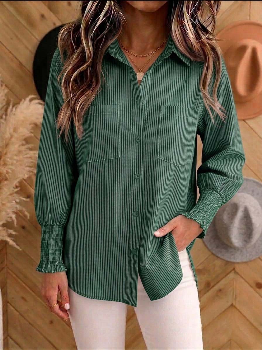 Women's Vertical Striped Button Down Shirt - Long Sleeve Collared Blouse with Smocked Cuffs, Casual Loose Fit Top