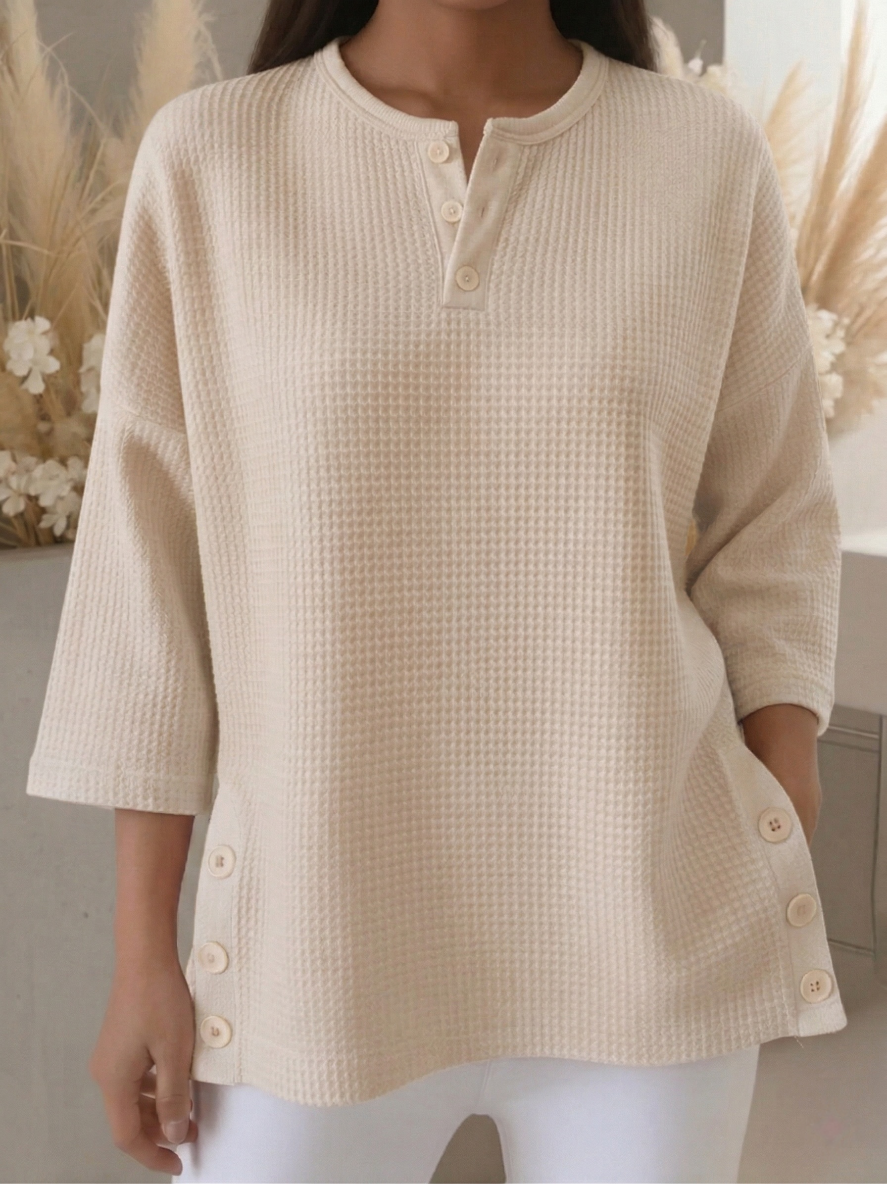 New Arrivals🔥 Women's Casual V-neck 4/3 Sleeves Casual Button-up Waffle Pullover Top