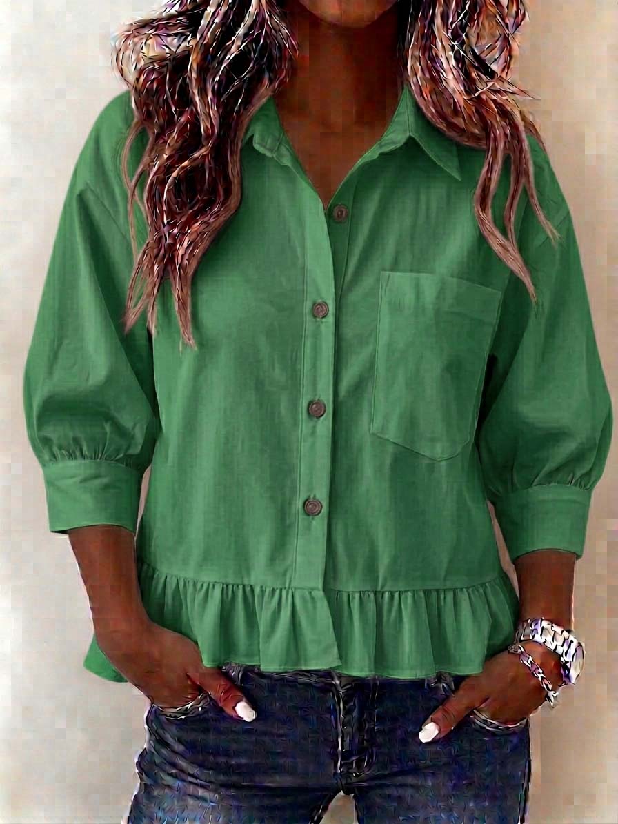 New Arrival🔥Women’s Casual V-Neck Button-Up Loose Fit 3/4 Sleeve Ruffled Hem shirt