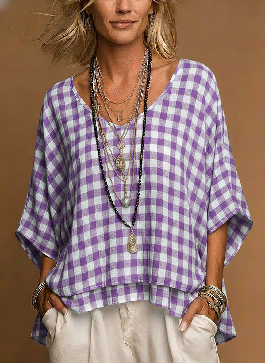 Casual V Neck Plaid Tunic Loose Comfort Fit Linen-Look Short Sleeve Blouse