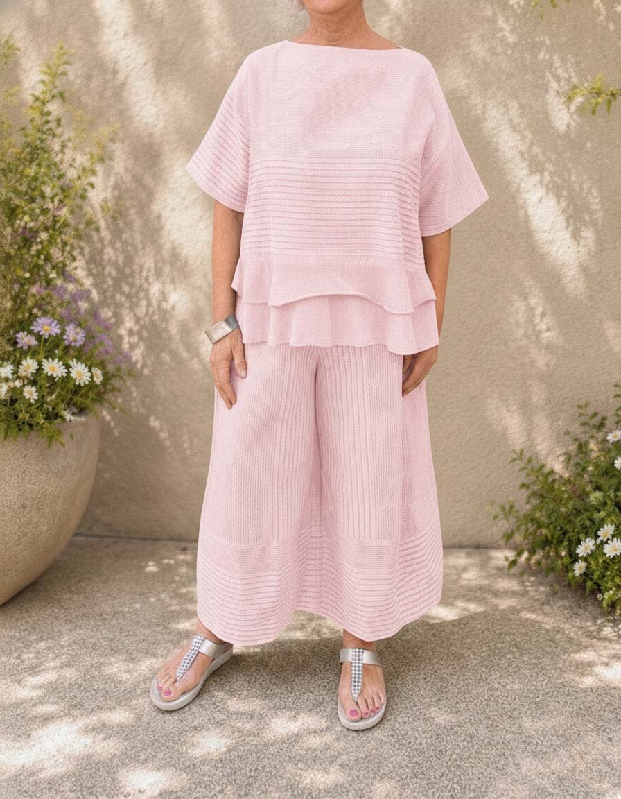 Women's Loose Casual Striped Two-Piece Set with Tiered Hem Top & Wide-Leg Pants