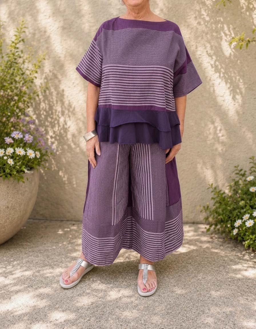 Women's Loose Casual Striped Two-Piece Set with Tiered Hem Top & Wide-Leg Pants