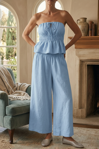 New Arrivals🔥Two Piece Linen Set Breezy Strapless Top Wide Leg Pull On Pants