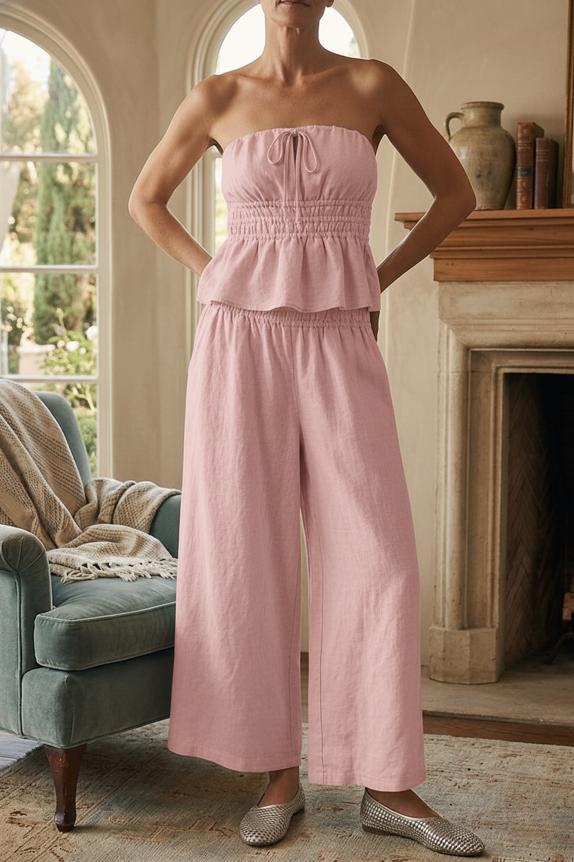New Arrivals🔥Two Piece Linen Set Breezy Strapless Top Wide Leg Pull On Pants