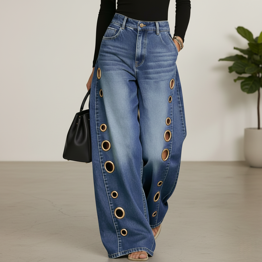  Hollow Design High Rise Denim Jeans