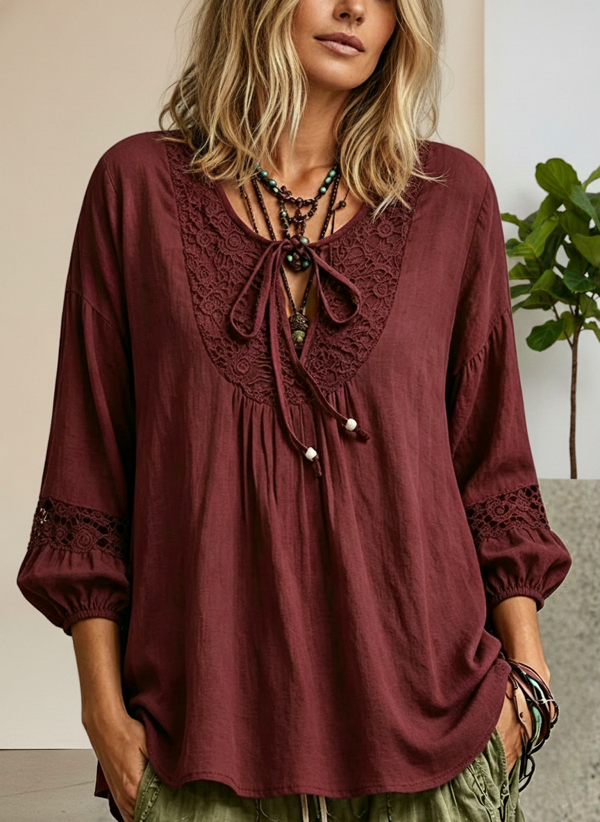 Lace Panel Cotton Linen Tie Detail Top