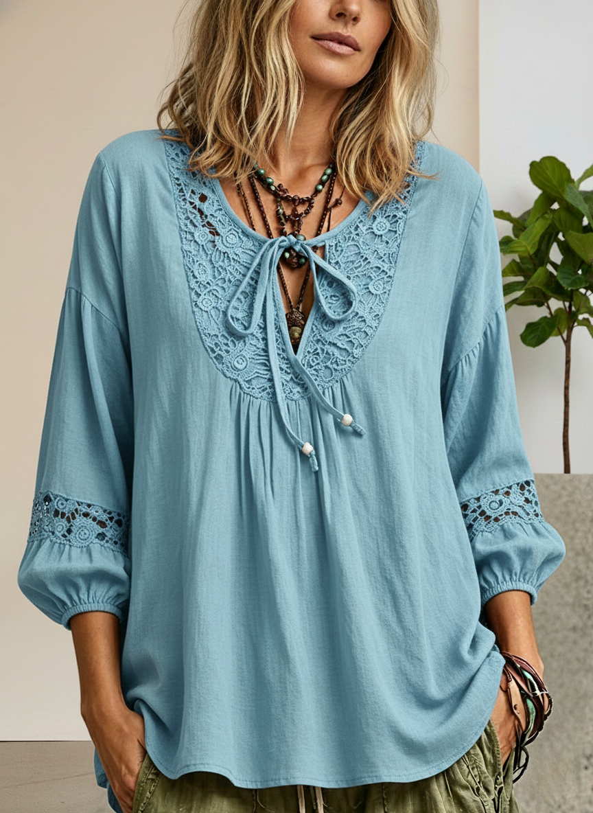 Lace Panel Cotton Linen Tie Detail Top