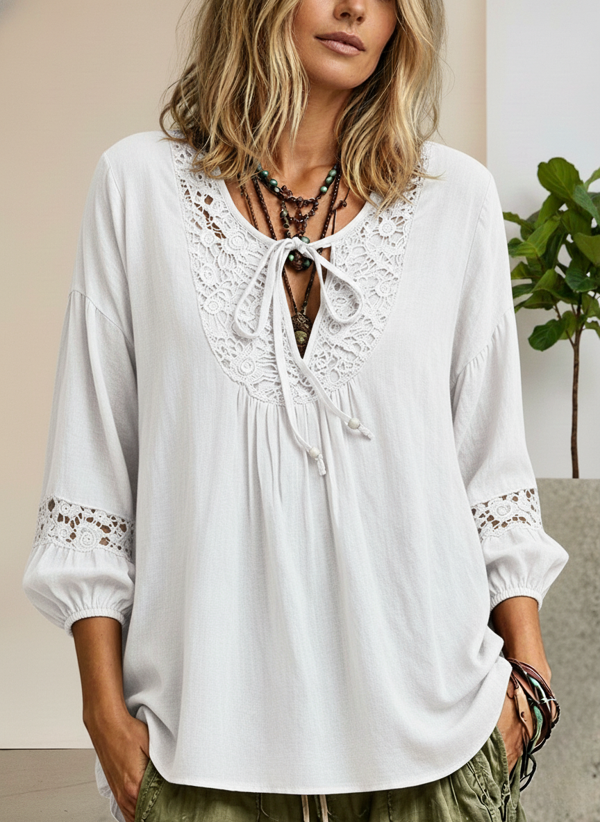 Lace Panel Cotton Linen Tie Detail Top