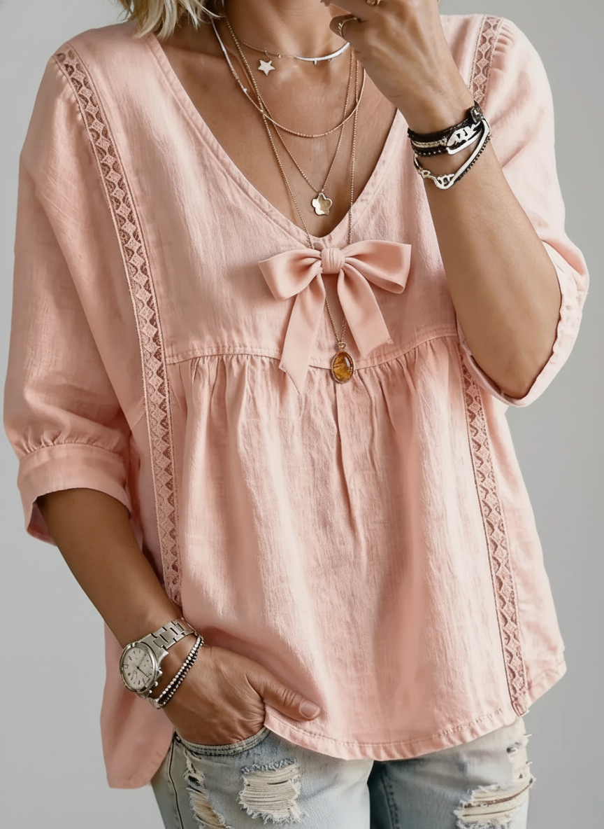  V-Neck Lace Trim Bow Front Top