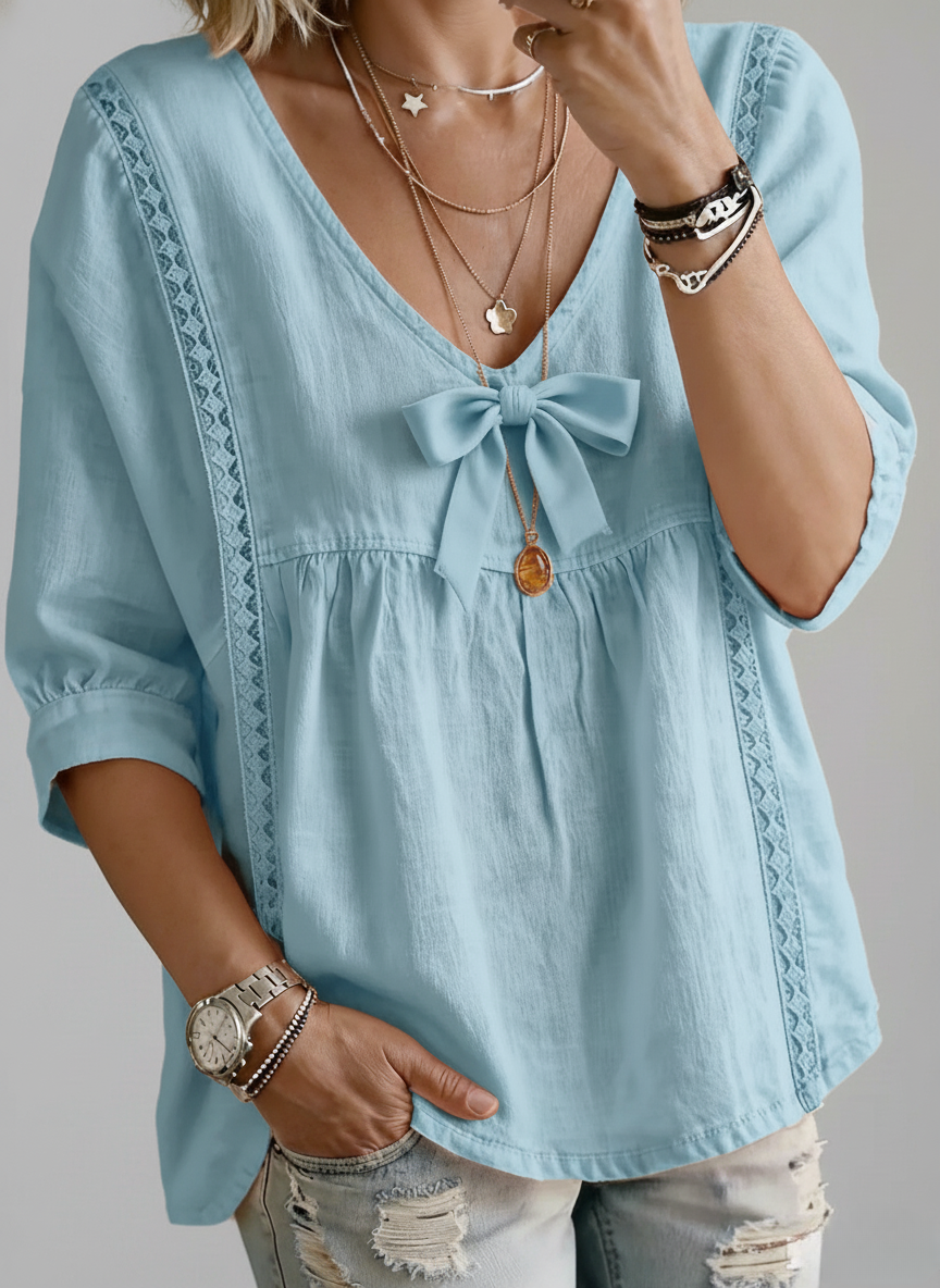  V-Neck Lace Trim Bow Front Top