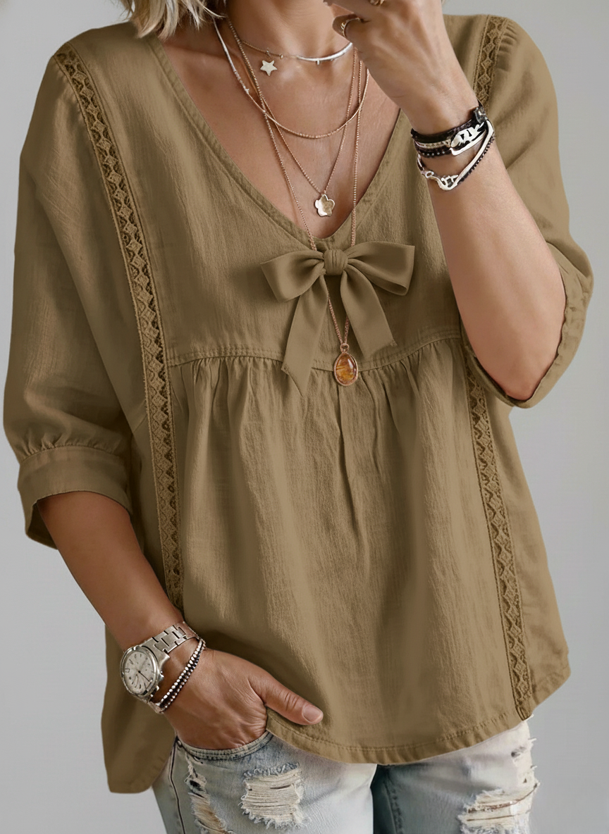  V-Neck Lace Trim Bow Front Top