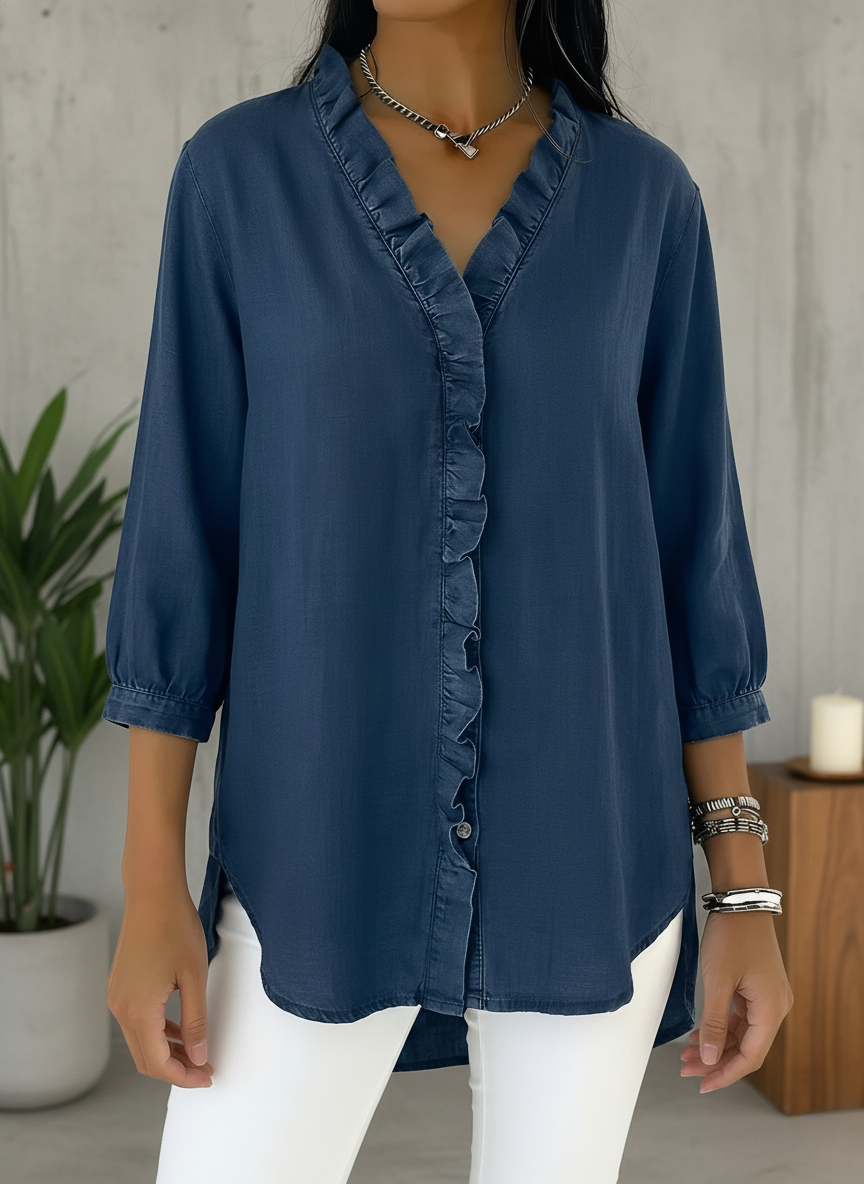 Denim V Neck Ruffle Hem Blouse