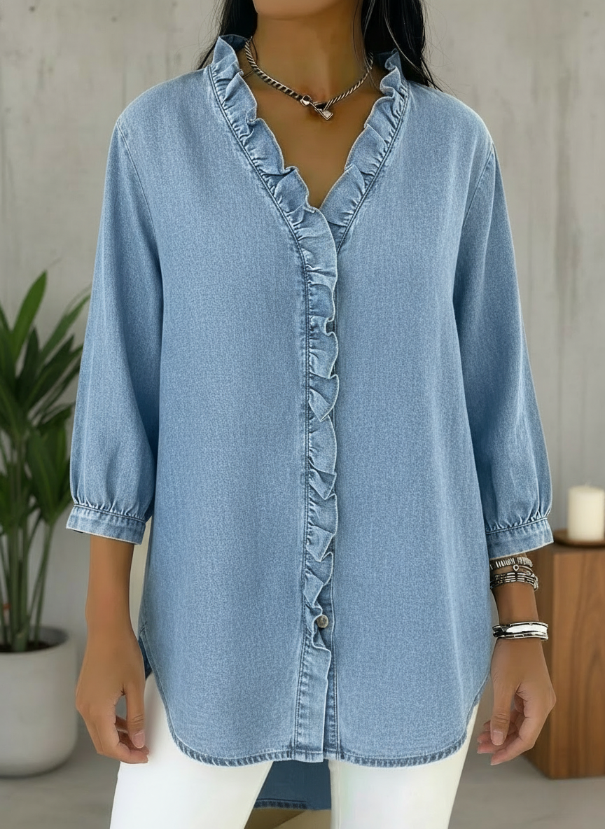 Denim V Neck Ruffle Hem Blouse