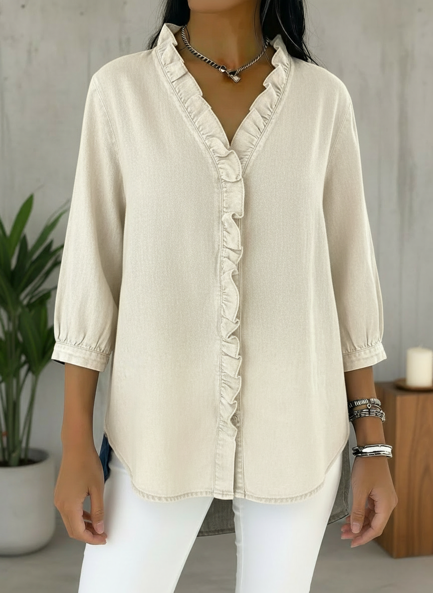 Denim V Neck Ruffle Hem Blouse