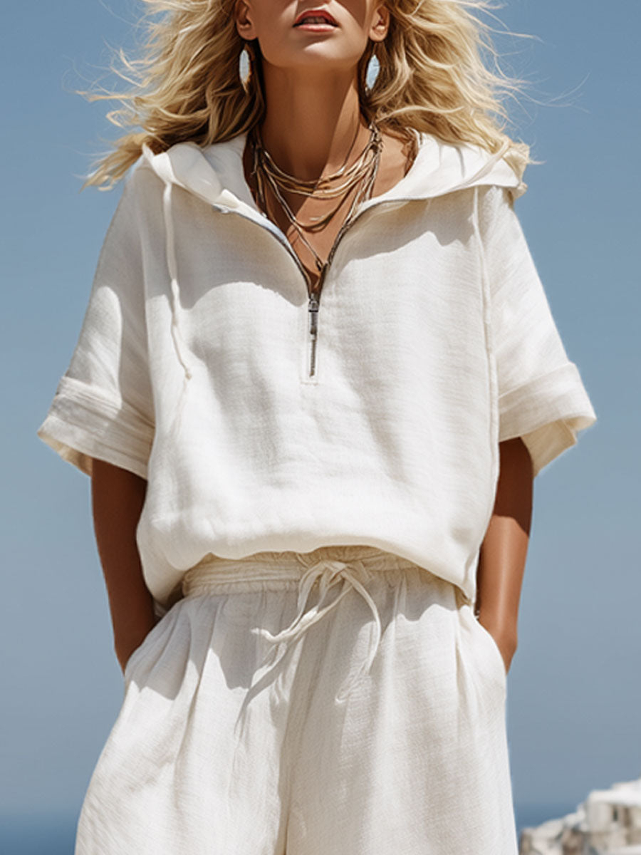 New Arrivals🔥Vacation Retro Cotton Linen Short-Sleeve Hooded Top And Balloon Pants Set