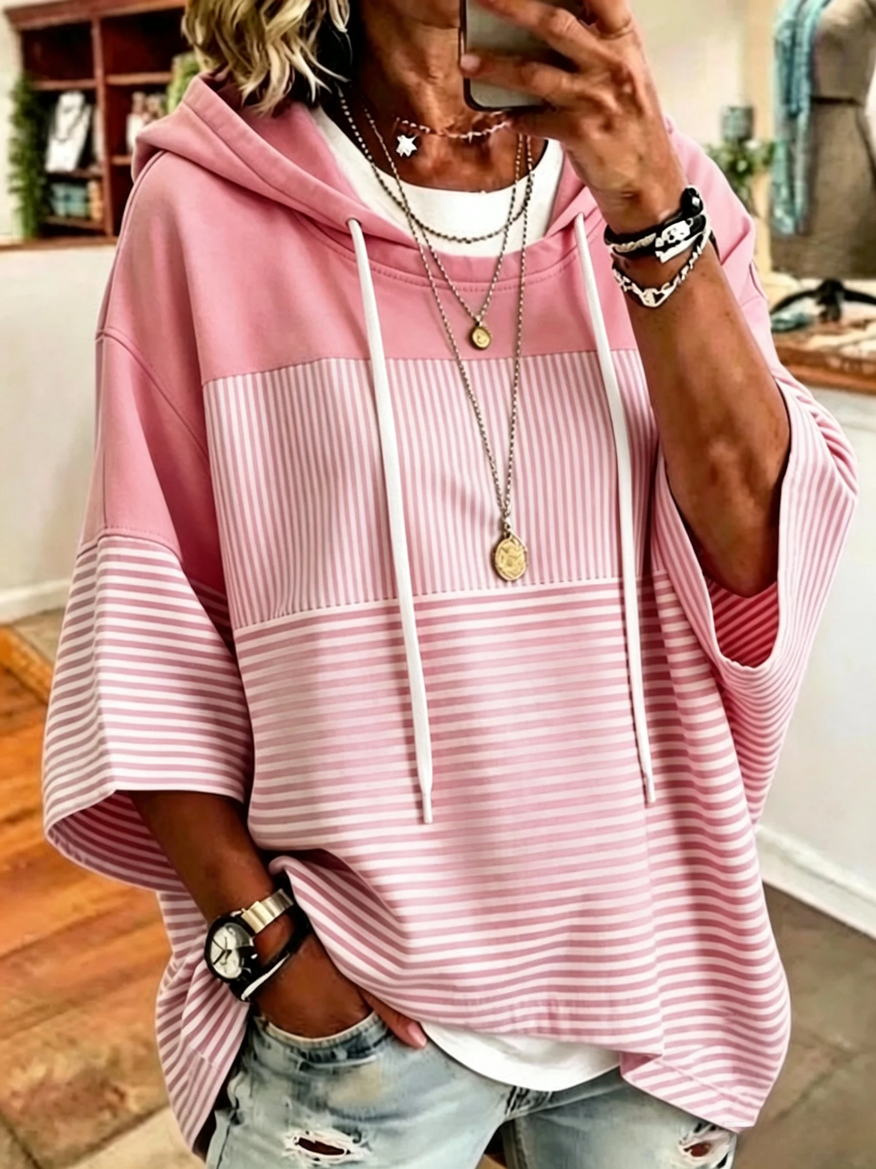New Arrivals🔥Women Striped Half Sleeve Casual Daily Spring/Fall Hoodie
