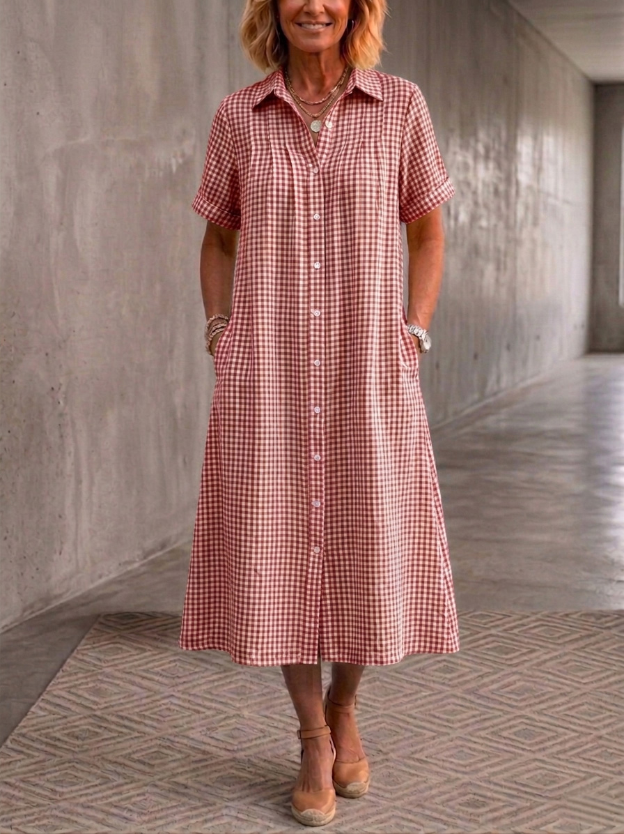 Clearacne Sale🔥 Women's Lapel Checkered Cotton Linen Shirt Dress