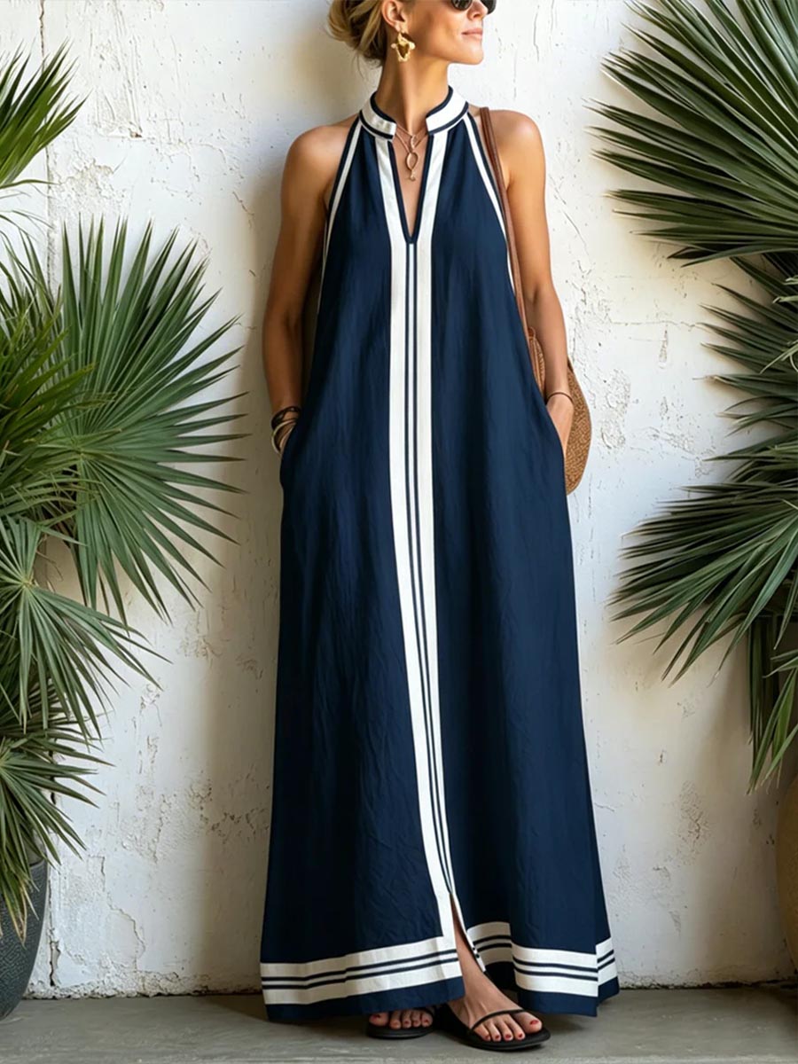 V-Neck Sleeveless Cotton Linen Dress