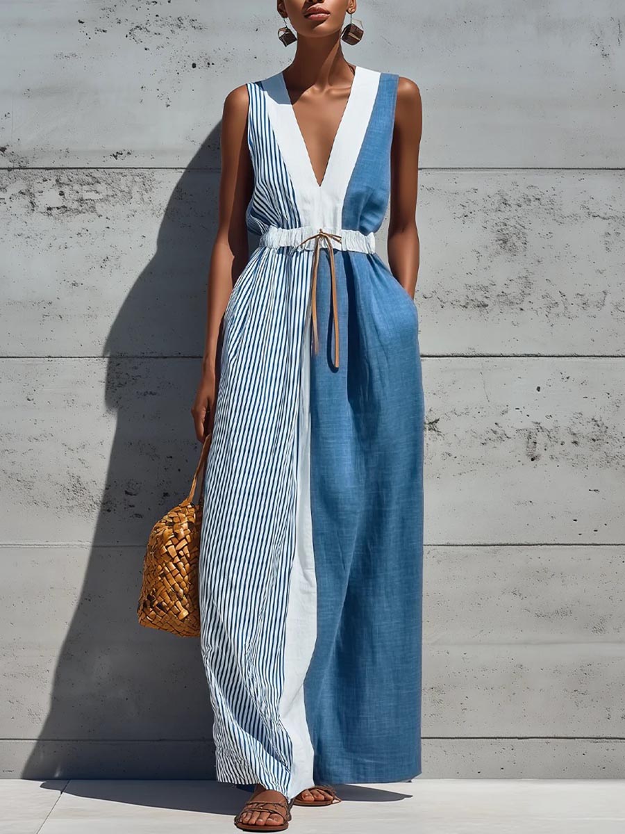 Women's Boho Color Block Maxi Dress Casual V Neck Striped Sleeveless Linen Sundress with Pockets