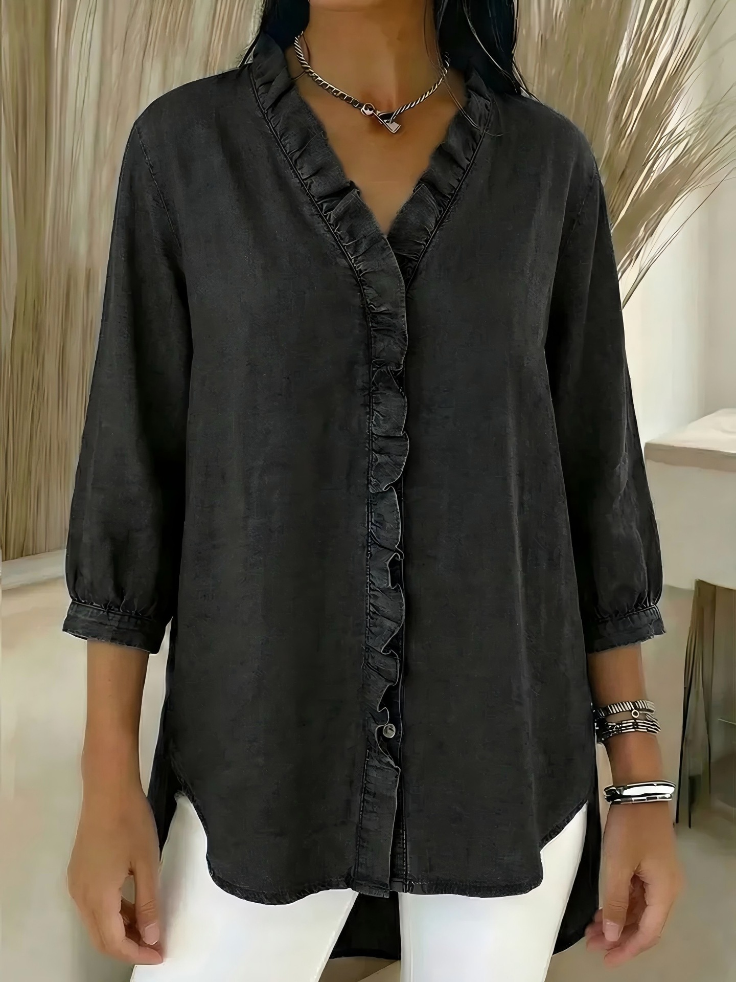 Denim V Neck Ruffle Hem Blouse
