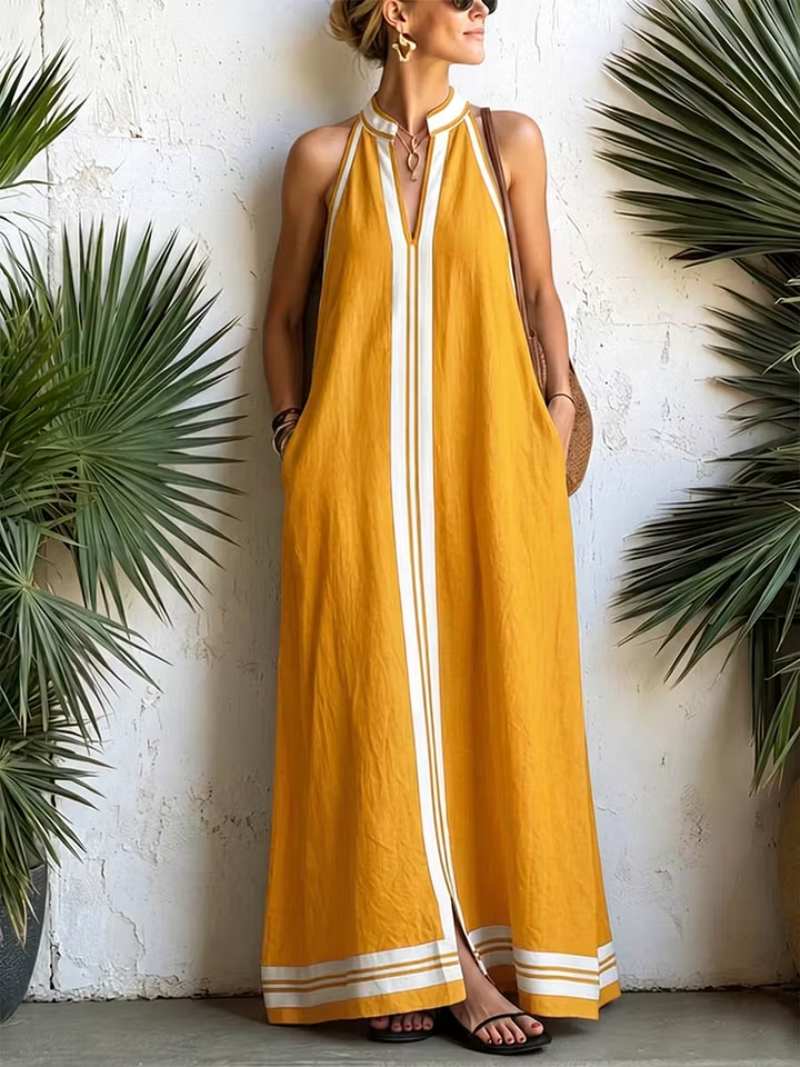 V-Neck Sleeveless Cotton Linen Dress