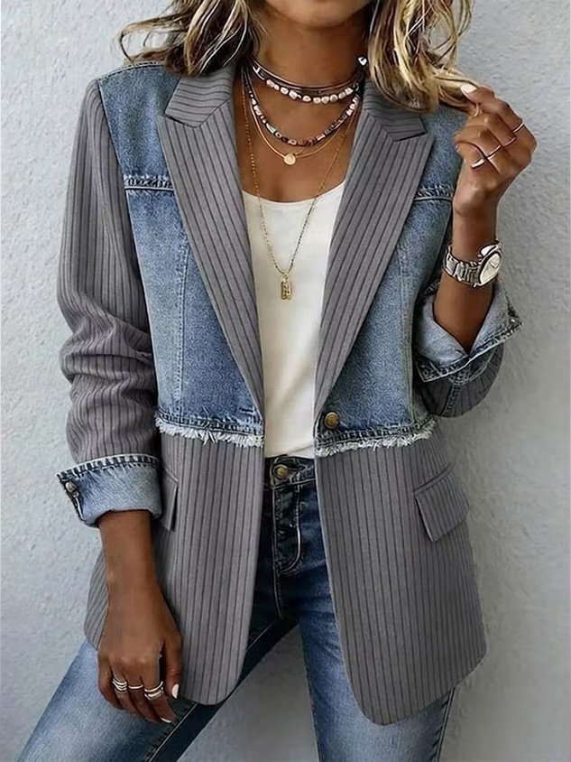 New Arrivals🔥Women's Denim Patchwork Pinstripe Blazer Jacket