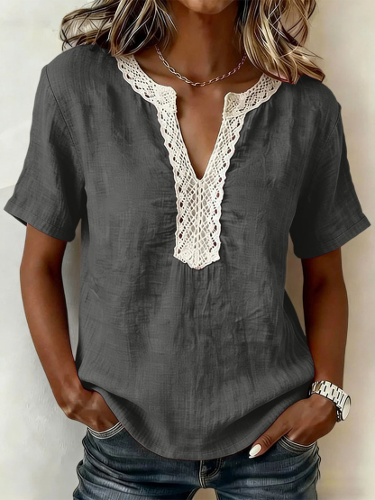 Casual Linen Cotton Short Sleeve Top Lace Trim Collar