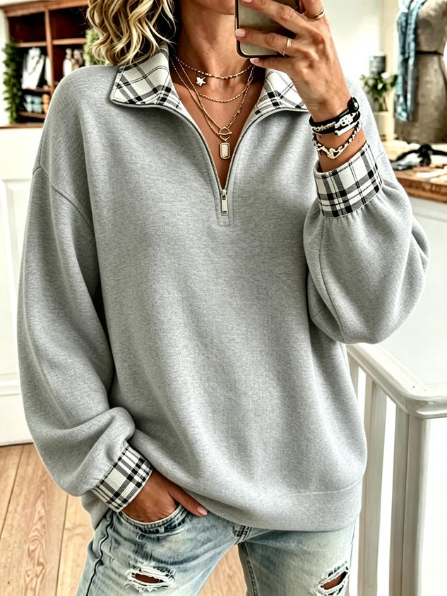 New Arrivals🔥Women Plaid Trim Quarter Zip Casual Long Sleeve Sweatshirt