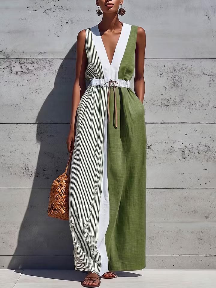 Women's Boho Color Block Maxi Dress Casual V Neck Striped Sleeveless Linen Sundress with Pockets