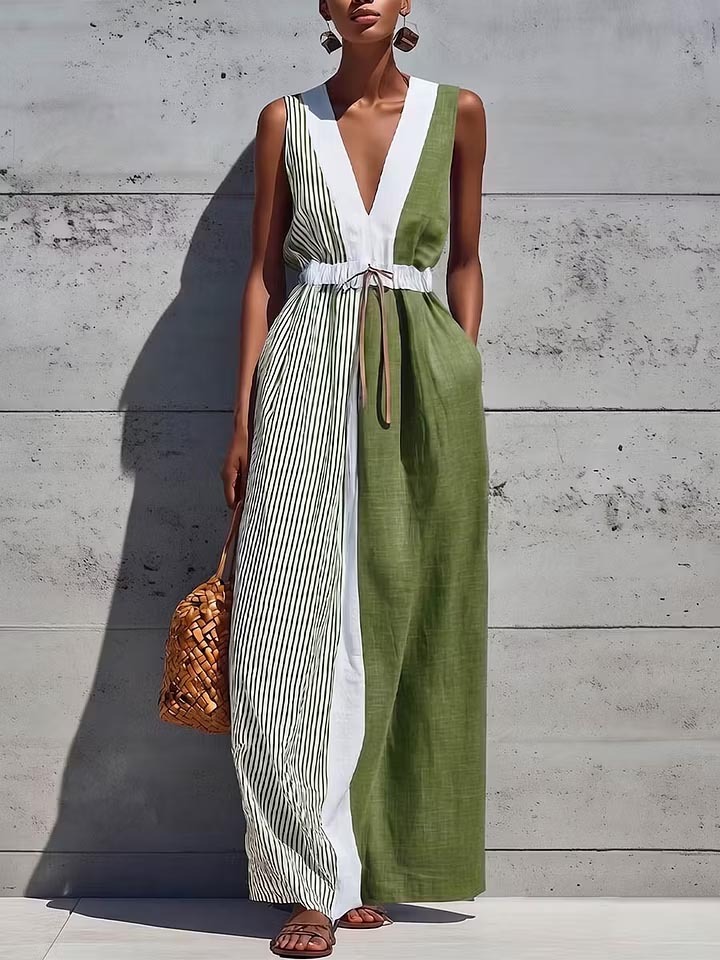 Women's Boho Color Block Maxi Dress Casual V Neck Striped Sleeveless Linen Sundress with Pockets