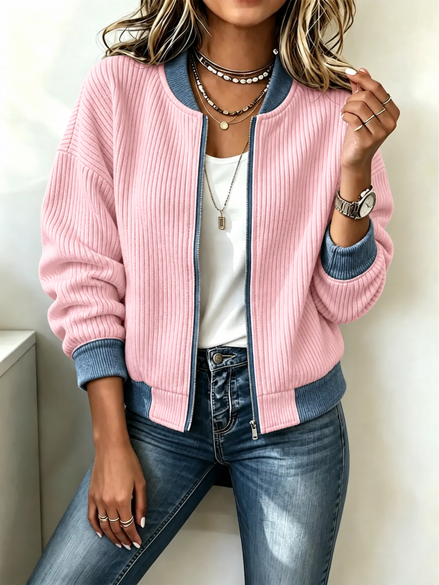 New Arrivals🔥Women Contrast Trim Ribbed Zip-Up Bomber Jacket
