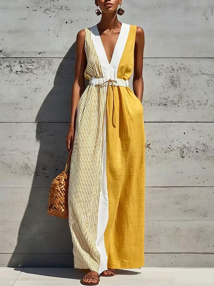 Women's Boho Color Block Maxi Dress Casual V Neck Striped Sleeveless Linen Sundress with Pockets