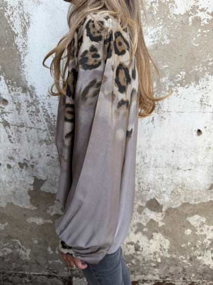 Leopard Print Bubble Sleeve Silk Blend Blouse