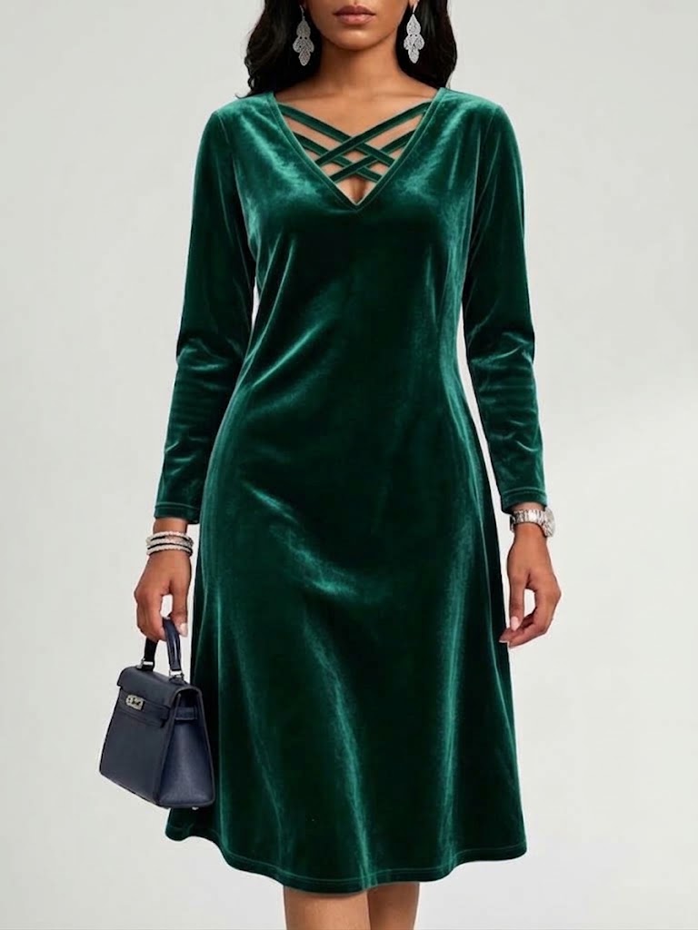 New Arrivals🔥Women's Elegant Crisscross V-Neck Velvet Midi Dress