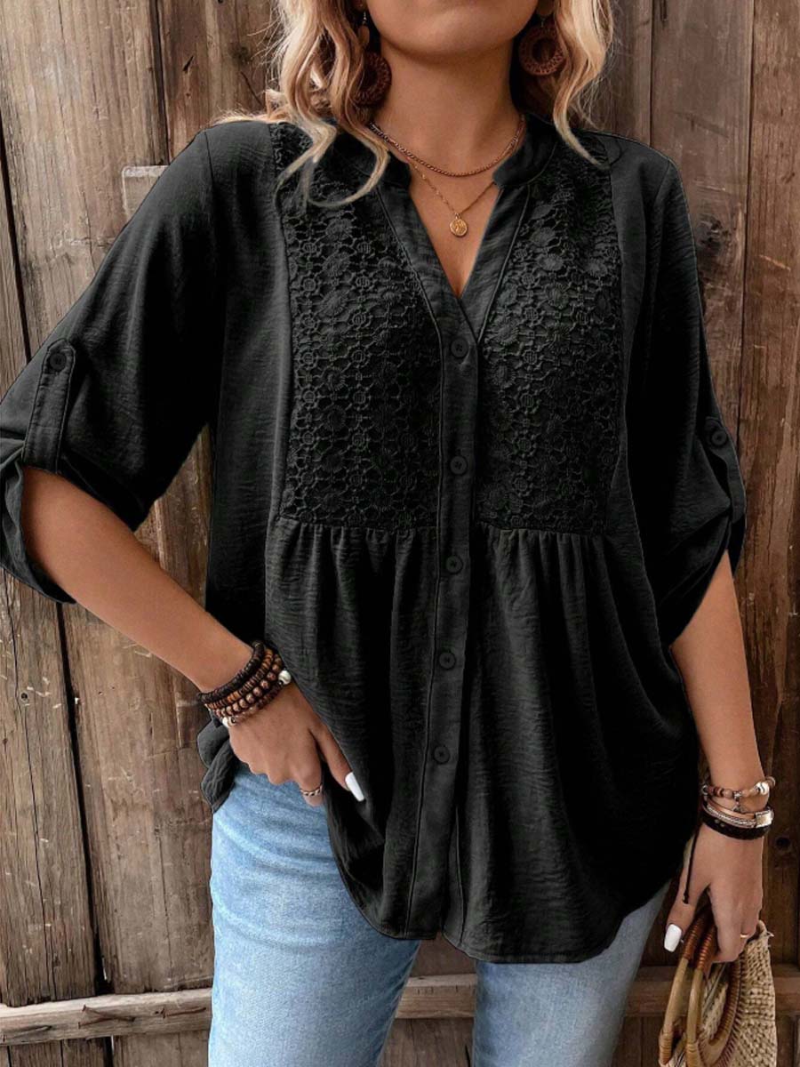 Women's Lace Splice 3/4 Sleeve V-neck Button Shirt Casual Vacation Shirt