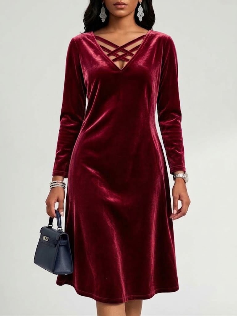 New Arrivals🔥Women's Elegant Crisscross V-Neck Velvet Midi Dress