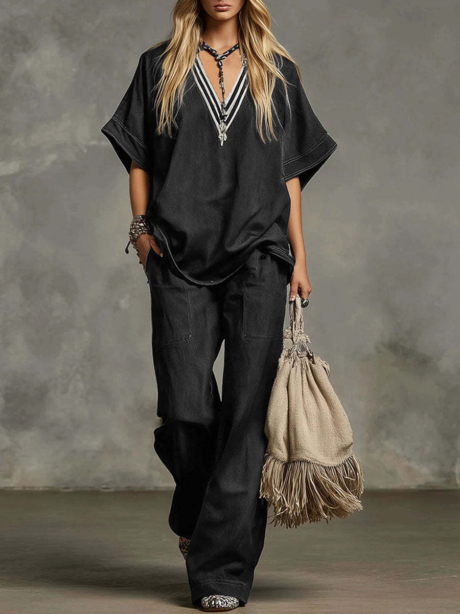 Women's V-neck Short-sleeved Casual Loose Top And High-waisted Casual Loose Wide-leg Denim Pants Set.