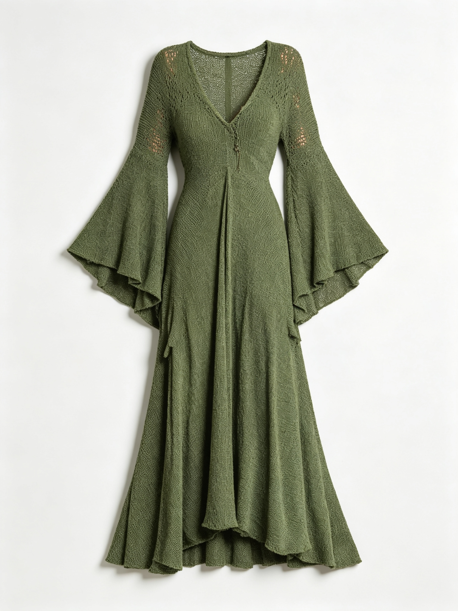 Elegant V-neck Sheer High-waisted Openwork Woven Flared Long-sleeved Oversized Dress