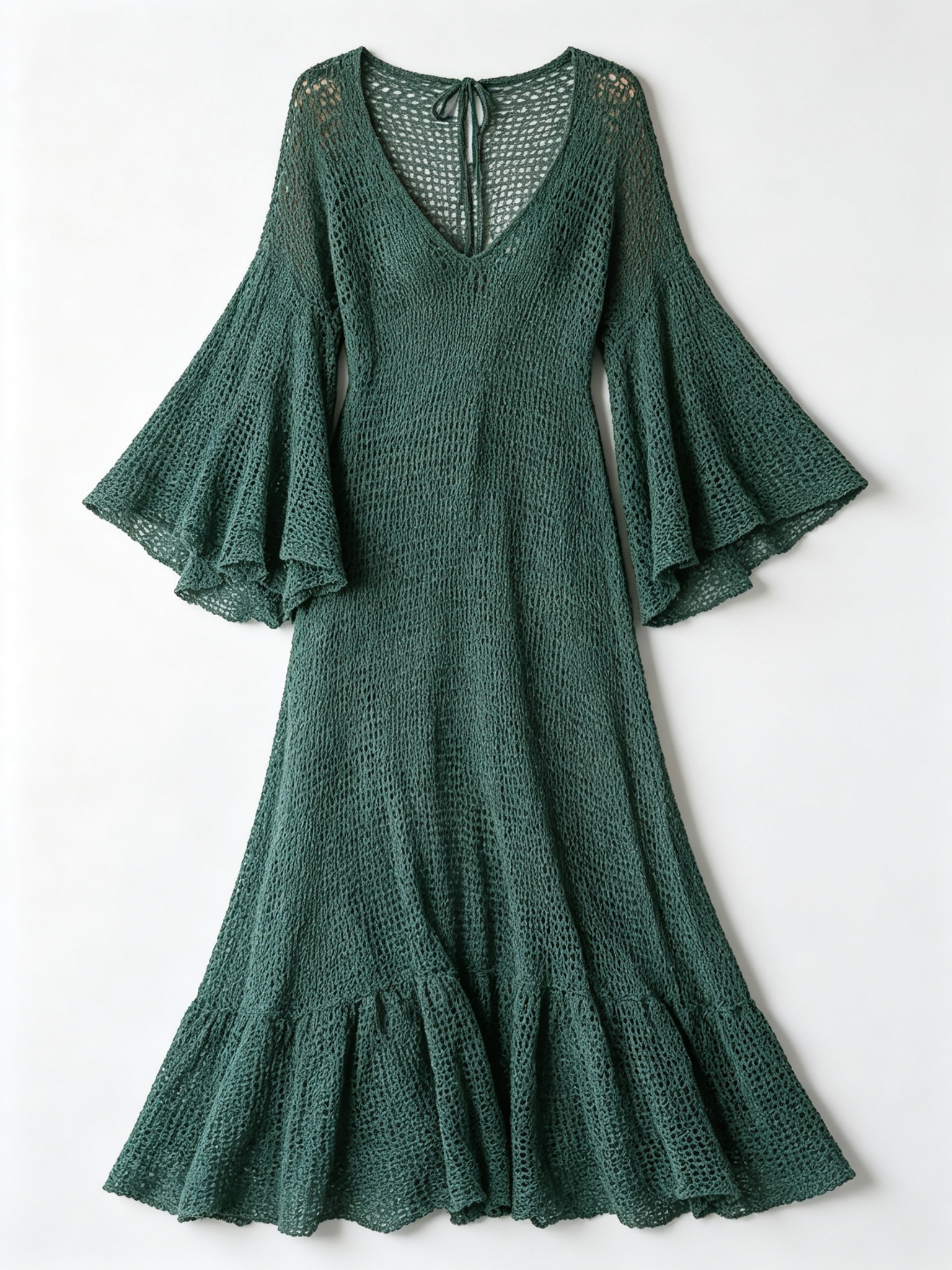 Elegant V-neck Sheer High-waisted Openwork Woven Flared Long-sleeved Oversized Dress