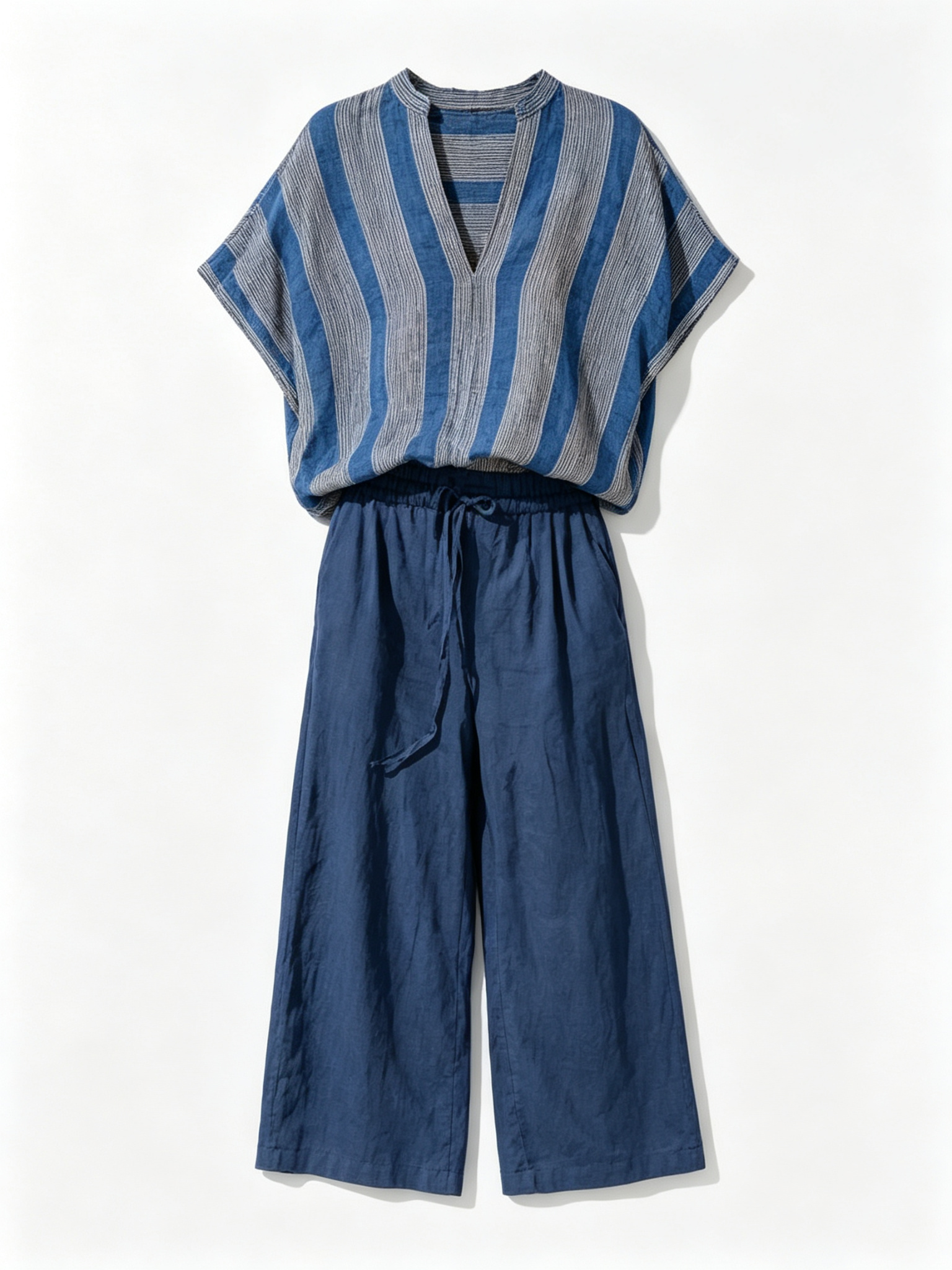 Casual Striped Linen And Cotton Two-piece Top And Pants Set